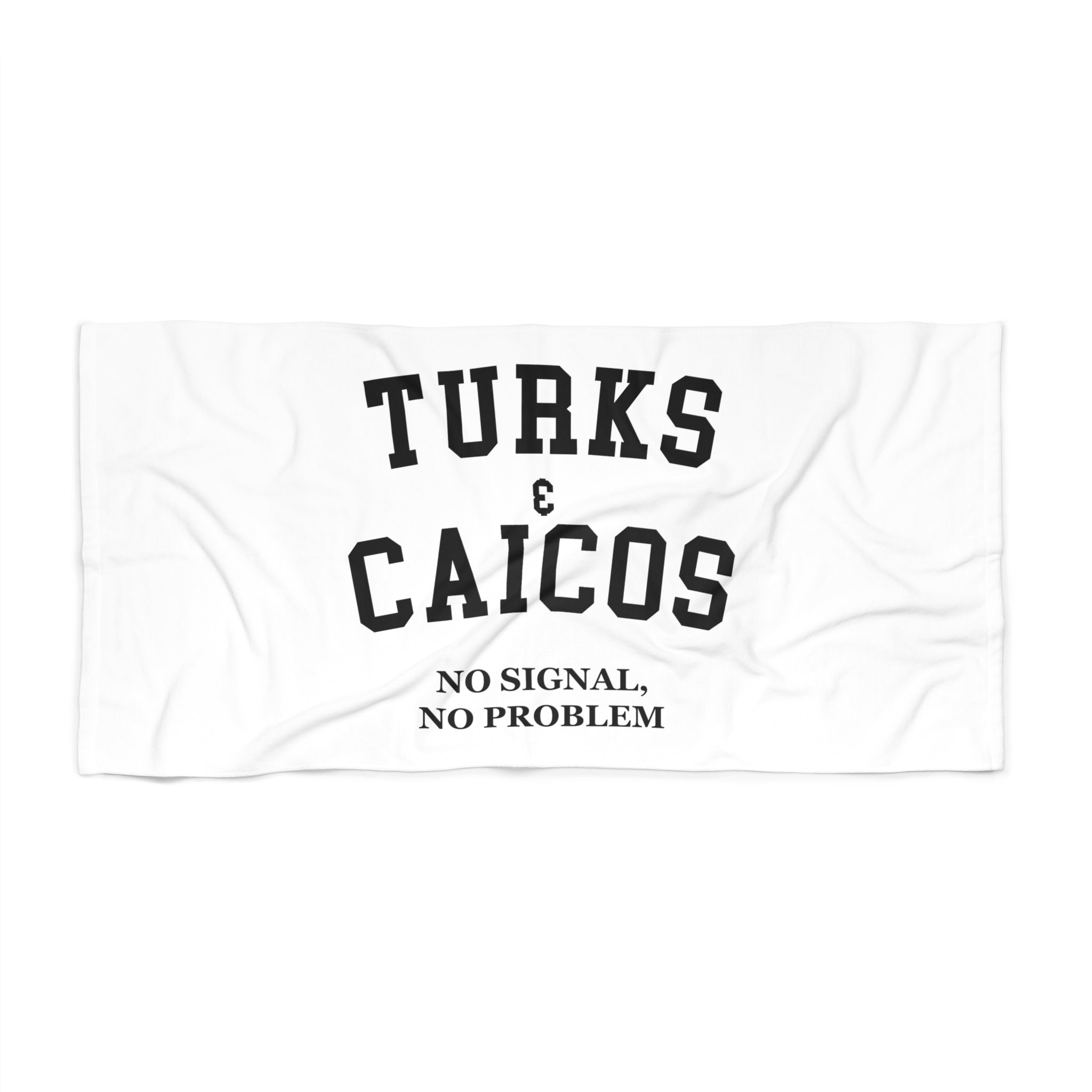 Turks & Caicos Slogan beach towel in white, front view